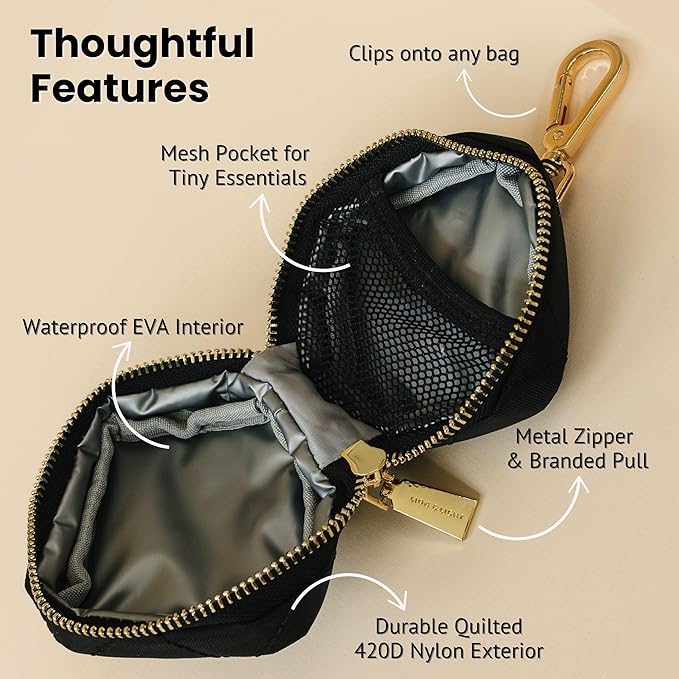 Lion & Light® Baby Pacifier Holder Case | Travel-Friendly Pacifier Case for Diaper Bag | Easy Clean Pacifier Holder for Baby Essentials | Small Zippered Binky Holder | Clip-On Black Pod Pouch