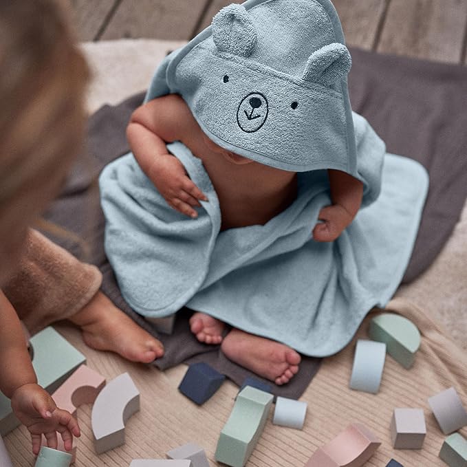 Hooded Baby Towels - 100% Organic Cotton Baby Bath Towels, 32" x 32" Super-Soft and Absorbent Baby Towels for Newborn Baby Boys 2-Pack (Bear Fog/Baby Blue)
