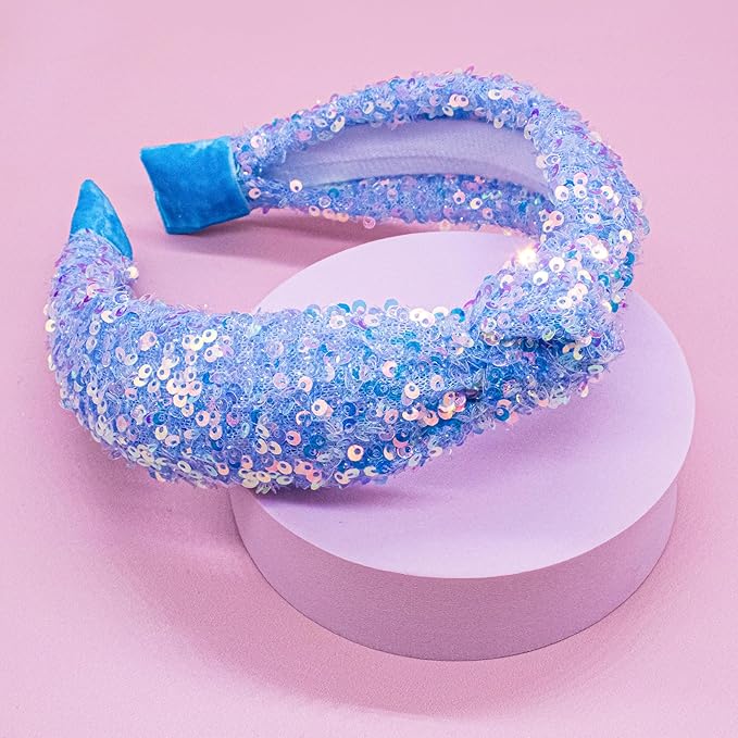 FROG SAC Sequin Knot Headband for Girls, Blue Knotted Hair Bands Accessories for Kids, Sparkly Iridescent Little Girl Headbands, Cute Fashion Hairbands for Tweens Stocking Stuffers for Children