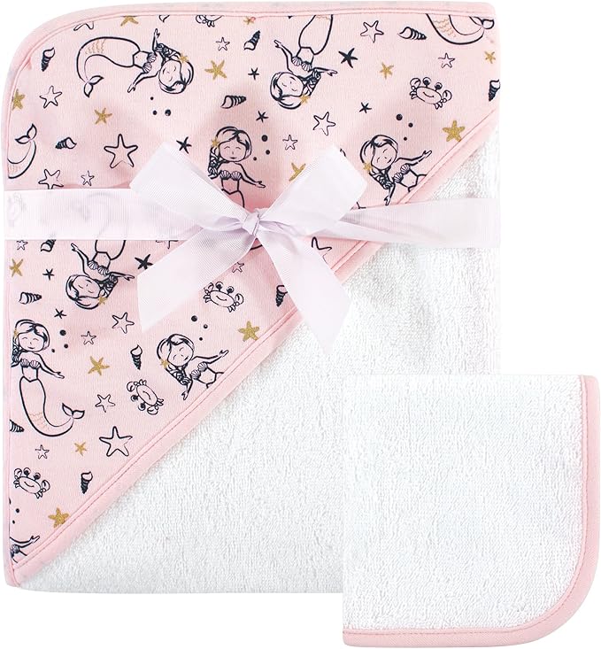 Hudson Baby Unisex Baby Cotton Hooded Towel and Washcloth, Mermaid, One Size