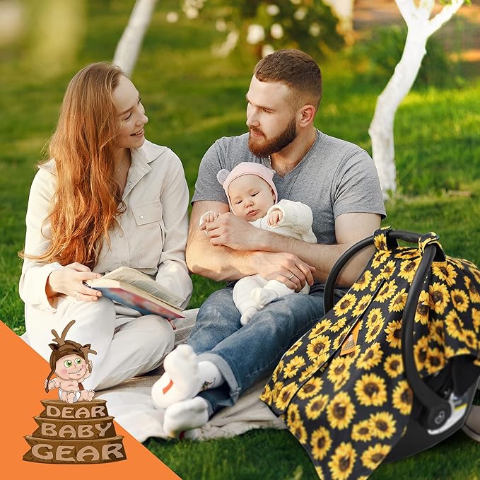 Dear Baby Gear Car Seat Cover for Boys & Girls - Baby Carseat Canopy w/Snap Opening - Infant Seat Cover - Stroller & Nursing Covers - Newborn Carrier Canopy- 40x30(Sunflowers on Black, Black Smooth)
