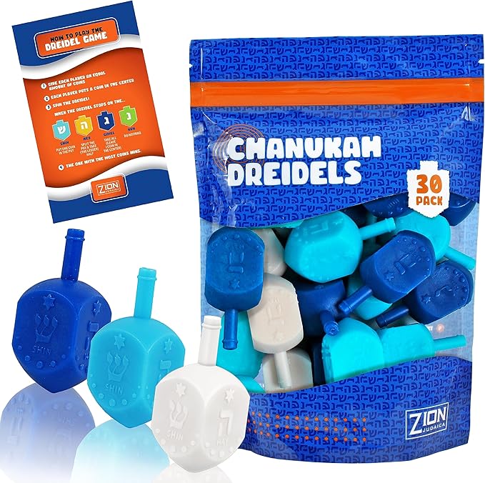 Zion Judaica Hanukkah Dreidels Multi Blue, White Medium Size Dridels Bulk Plastic Drydlech Hebrew Letters and English Transliteration Includes Traditional Chanukah Game Guide Ziplock Bag Hanuka Fun