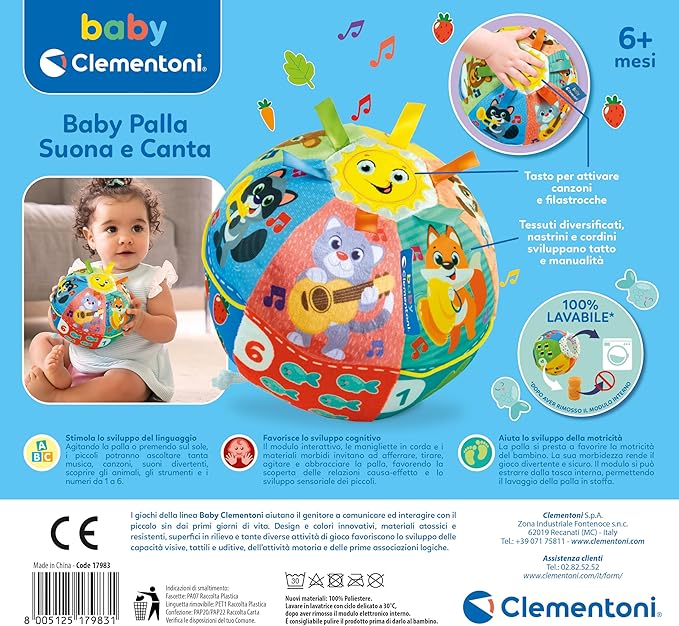 Clementoni Baby Baby Ball Sounds and Sings, Electronic Game for Children 6+ Months, with Sounds and Soft Melodies, Soft Fabric, Stimulates Manuality, Touch and Motor Skills, Italian Language,