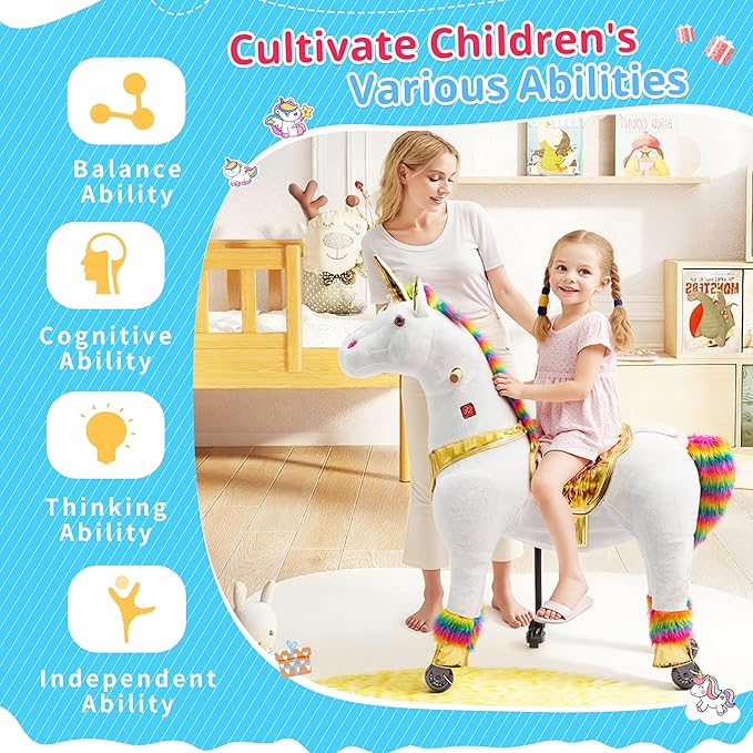 Pipleo Ride on Unicorn on Toys, Unicorn Ride on for Girls 6 to Adult, Ride on Unicorn Toys, Unicorn Rider Mechanical Walking Action Plush Animal,No Battery or Electricity,Max Load 187 LBS - Rainbow