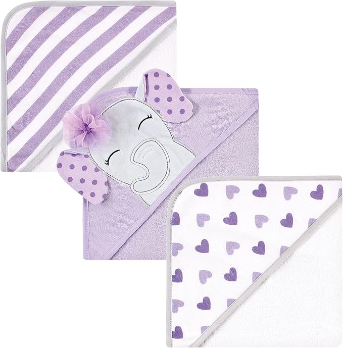 Hudson Baby Unisex Baby Cotton Rich Hooded Towels, Purple Dots Pretty Elephant, One Size