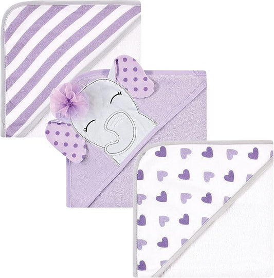 Hudson Baby Unisex Baby Cotton Rich Hooded Towels, Purple Dots Pretty Elephant, One Size