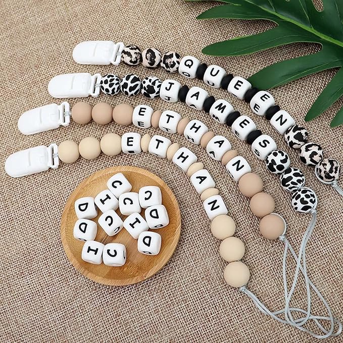 Personalized Pacifier Clip with Name, Customizable Pacifier Clip (2 Pack) (Turquoise + Grey)