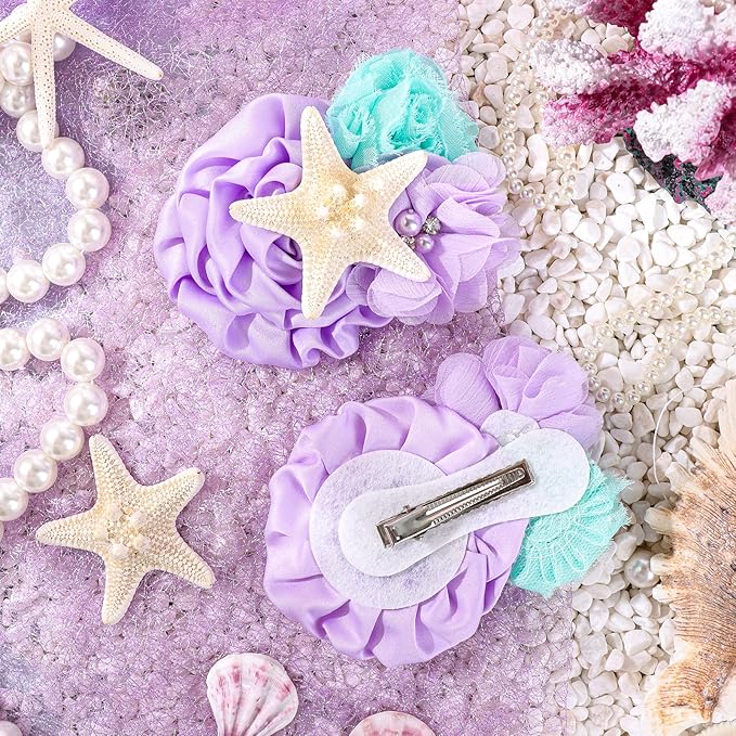 YanJie Girls' Starfish Mermaid Headband with Aqua Lavender Glitter Hair Clip - Newborn Hair Bows for Birthday Party Gift, Mermaid Hair Accessories