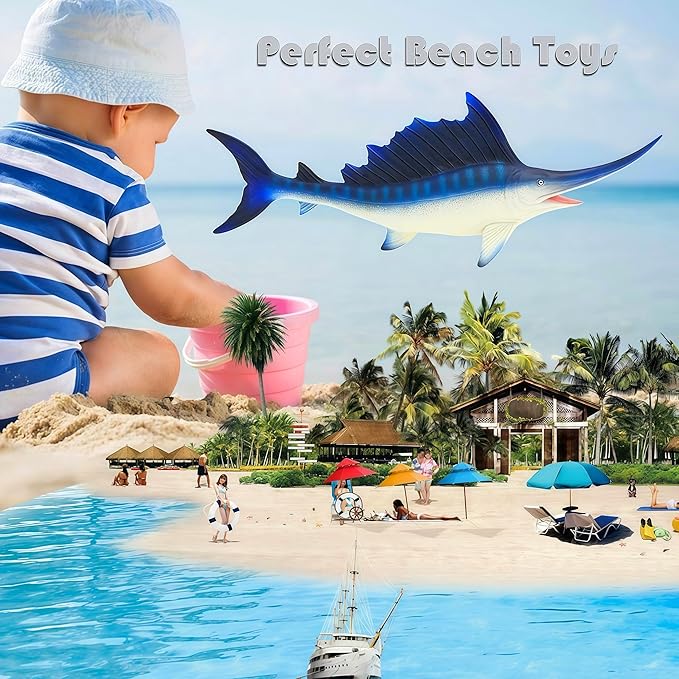 Gemini&Genius Sea Animal Sailfish Action Figure Soft Rubber 17” Swimming Pool Bathtub Toys, Realistic Ocean Animals Swordfish Educational and Role Play Toys for Kids and Collectors (Blue Sailfish)