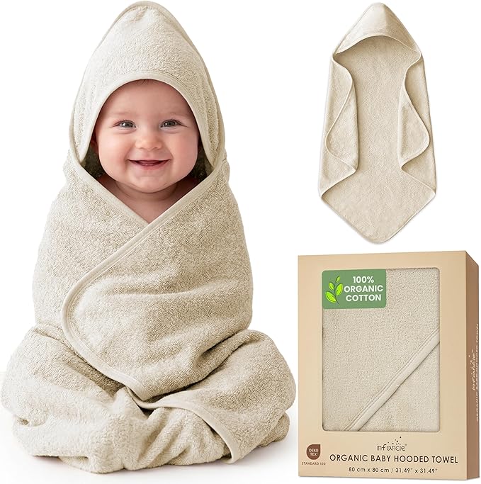 100% Organic Cotton Plush Woven Hooded Baby Bath Towels - Soft and Absorbent 31x31 Inches for Newborns and Kids, Hooded Baby Towels, Premium Infant Towels (Ivory)