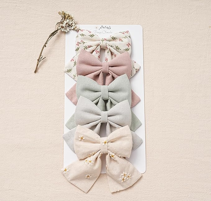 Hair Bows with Hair Clips for Girls Toddler Baby,Handmade 5" Flower Print Embroider Big Bows,FANCY CLOUDS Boutique Hair Accessorioes Gifts for School Kids