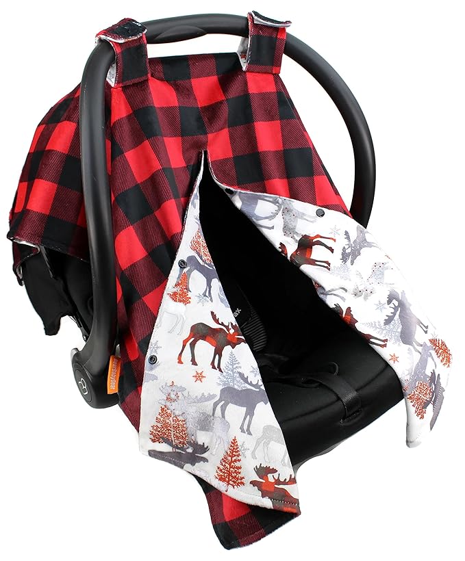 Dear Baby Gear Car Seat Canopy - Unisex Infant Car Seat Cover - Soft and Breathable Fabric - Fits Most Carseats - Winter Moose/Red Black Plaid - 40"x30"