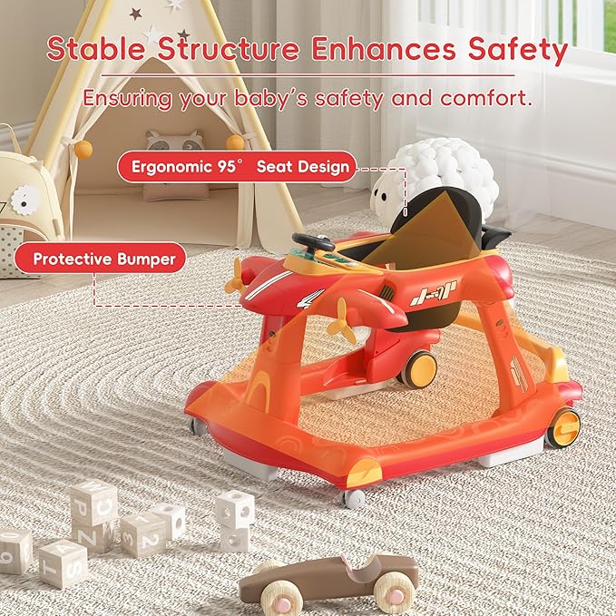 Betterhood 6-in-1 Foldable Baby Walker with Adjustable Height & Speed, Airplane-Themed Activity Push Walker with Music & Lights, Wheels, Anti-Slip Design, Suitable for Boys & Girls Aged 6-18 Months