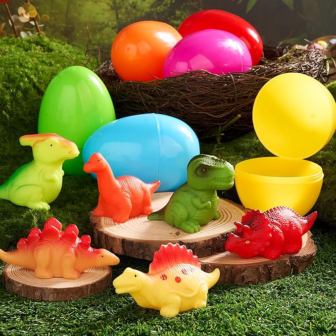 JOYIN 6 Pcs Prefilled Easter Eggs with Floating Dinosaur Light-up Bath Toys, Luminous Bathtub Toys for Kids Easter Eggs Hunt, Toddler Party Favor, Basket Stuffers Filler（Age 3+）