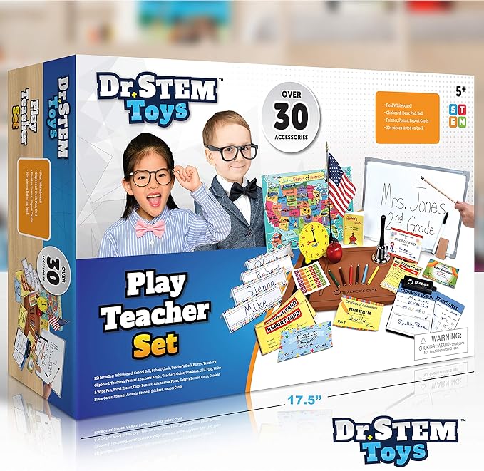 Dr. STEM Toys - Play Teacher Role-Play Set Includes Reusable White Board, Bell, Report Cards, for Home or Classroom, Over 30 Pieces Included, Gift for Kids, Complete Set