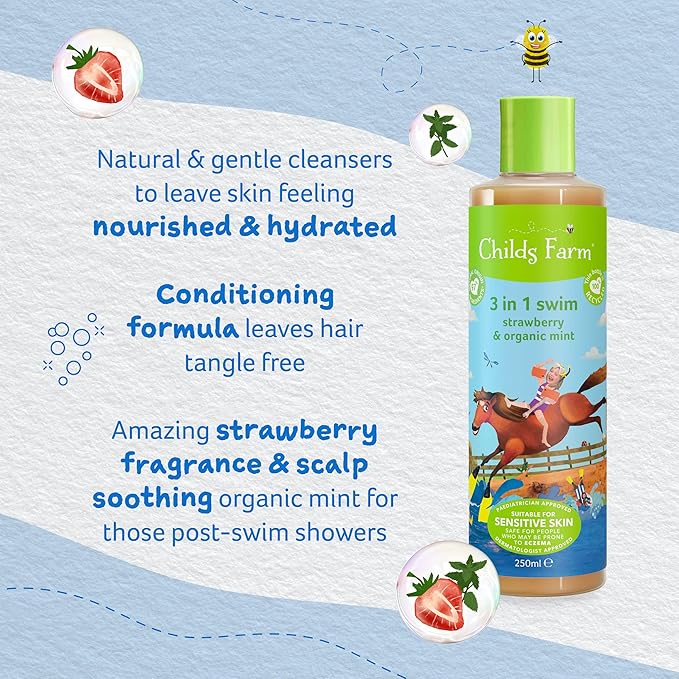 Childs Farm, Kids 3 in 1 Swim, Strawberry and Organic Mint 250 ml, Body Wash, Shampoo and Conditioner, Suitable for Dry, Sensitive and Eczema-Prone Skin