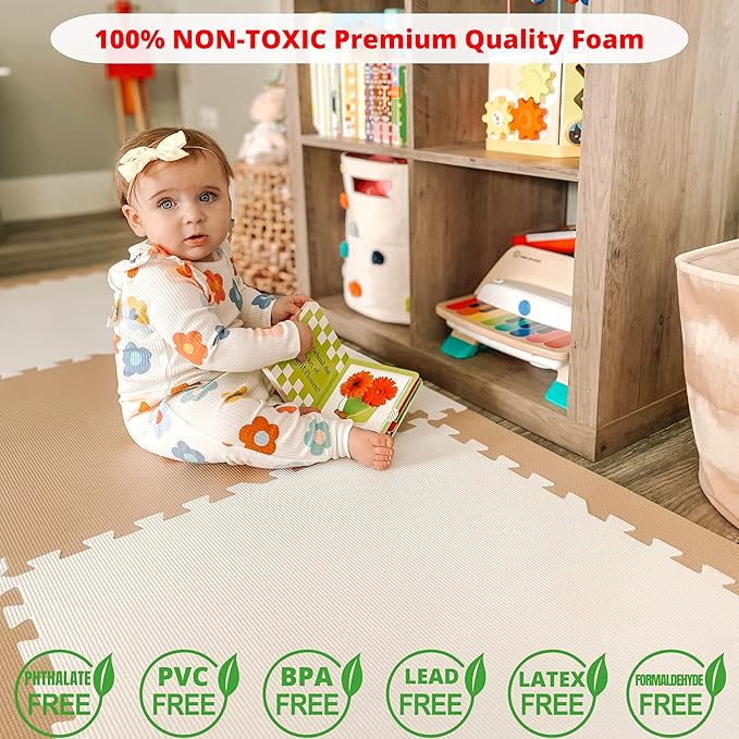 Extra Thick Baby Play Mat Tiles Non-Toxic Foam Floor Puzzle Mat Extra Large Interlocking Activity Playmat for Infants Toddlers Kids Crawling Tummy Time 74x74 Inches (Beige/White)