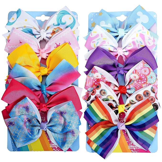 12 Pcs 5 Inch Hair Bows for Girls,Colorful Rainbow Heart Girls Hair Bows Grosgrain Ribbon Hair Bow With Alligator Clips for Toddlers Little Girl Children Kids Teens