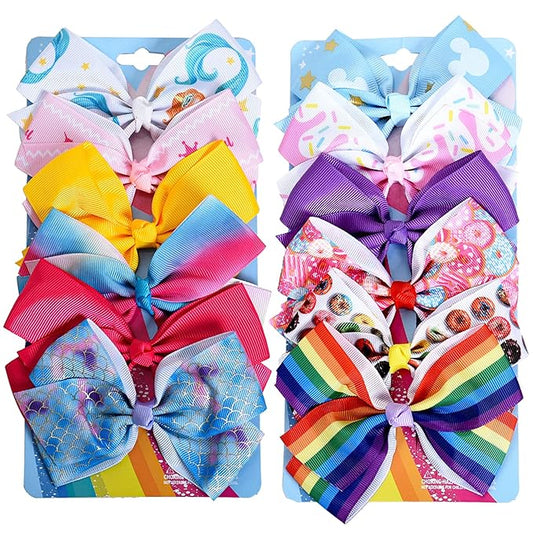 12 Pcs 5 Inch Hair Bows for Girls,Colorful Rainbow Heart Girls Hair Bows Grosgrain Ribbon Hair Bow With Alligator Clips for Toddlers Little Girl Children Kids Teens