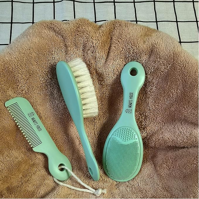 BRADYS HOUSE - 3 Piece Baby Hair Brush & Comb Set for Newborns- Soft Goat Bristle Hair-Brush, Silicone Bath Brush and Plastic Comb for Infant, Toddler, Kids - Baby
