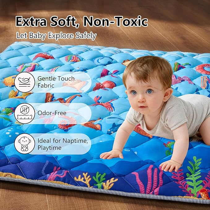 Baby Play Mat for Floor - MORAIS 50x50 Inch with 800g Filling Thickened Crawling Mat for Playpen, Cushioned Playpen Mat with Anti-Slip Bottom and Animal Alphabet (Ocean Adventure)