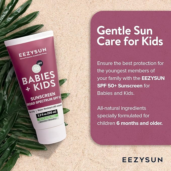 EEZYSUN SPF 50 Mineral Sunscreen for Kids & Babies - Non-Greasy, Water Resistant, Gentle for Sensitive Skin Baby Sunscreen with Aloe Vera - Cruelty-Free - Sun Protection for Face & Body - 3.3 fl oz