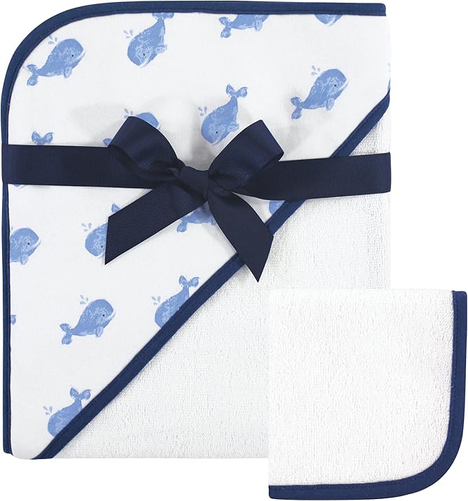 Hudson Baby Unisex Baby Cotton Hooded Towel and Washcloth, Whale, One Size