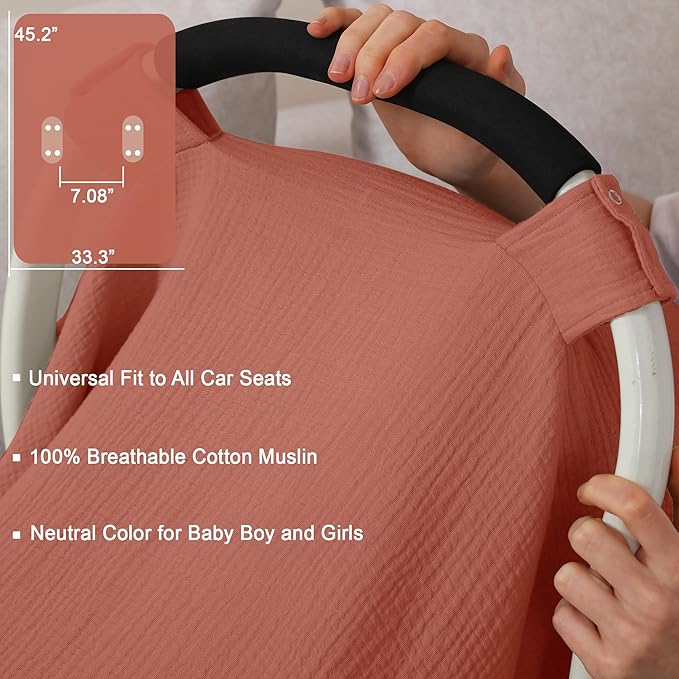 100% Muslin Cotton Car Seat Cover Baby, Carseat Canopy Cover, Universal Fit Stroller Covers for Boys and Girls (Blush)