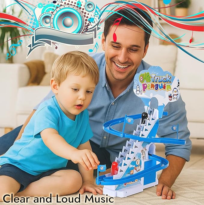 ARSUK Penguin Race Game Toy Playful Musical Roller Coaster Track Playset with Music & LED Flashing Lights On/Off Button for Toddlers and Kids Gift