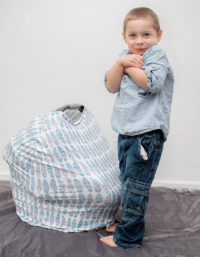 Baby Car Seat & Nursing Cover & Drawstring Carry Bag in Cute Feather Design Shower Gift Breathable Stretchy Universal 4 in 1 Multi-Use Infant Carseat Canopy Covers Shopping Cart High Chair Stroller