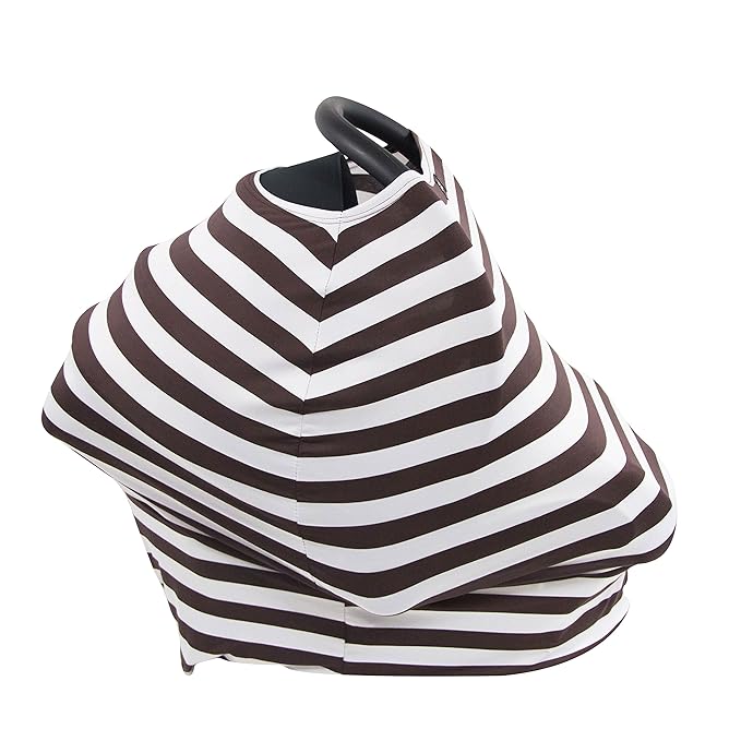 JLIKA Stretchy Infant Canopy Baby Car Seat Covers and Nursing Cover Best Gift Maternity Apron Infinity Scarf Stripes Print Summer girl boy 360 coverage fits all newborn carseats Chocolate White Stripe