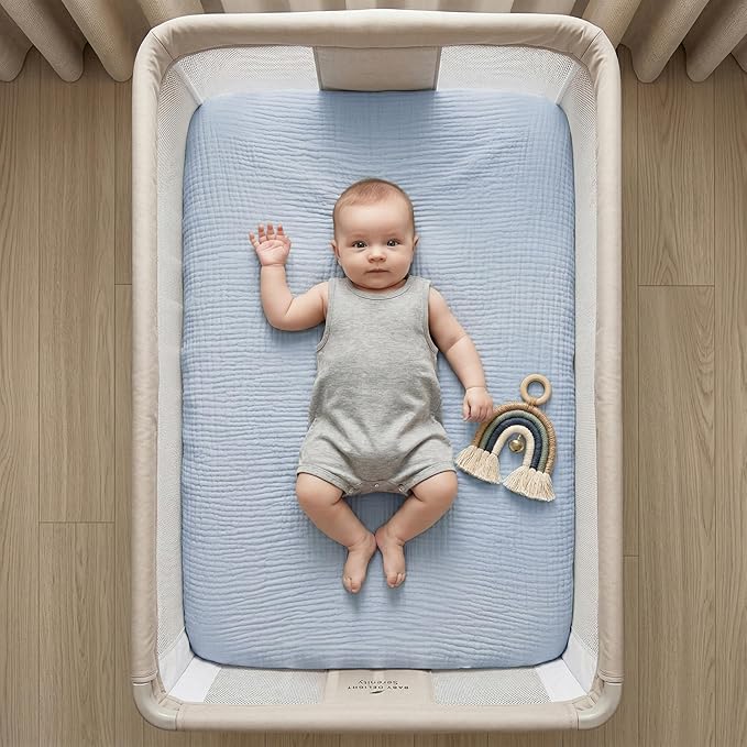 Muslin Bassinet Sheet Compatible with Mika Micky & Baby Delight Bedside Sleeper - 100% Cotton Rectangular Mattress Pad Cover (35"x20"), Breathable & Soft, Boho (1 Pack Blue)
