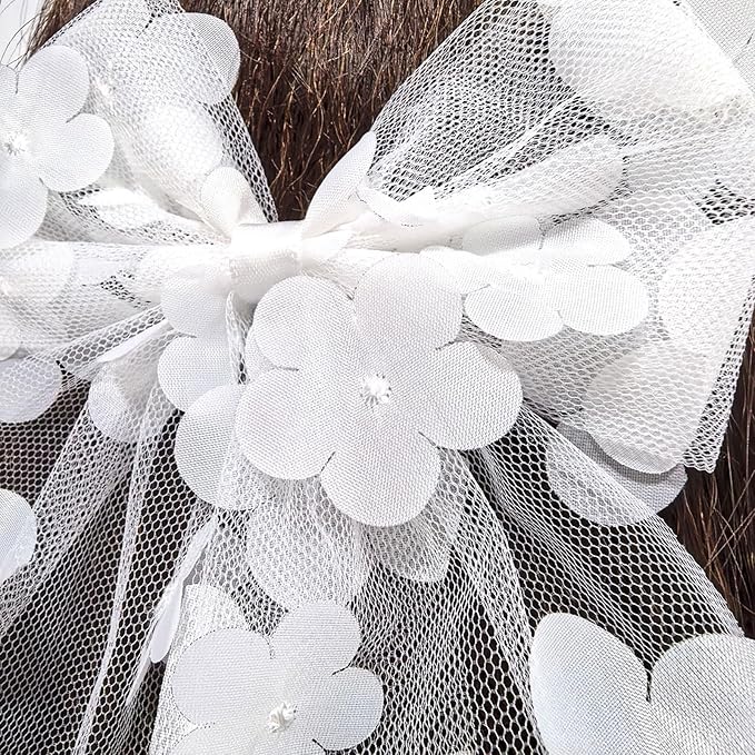White Flower Bow Hair Clip Mesh Tulle Floral Hair Bow Clips Summer Alligator Clip with Long Tail Hair Accessory for Women Girls Bridal Wedding Bridesmaid Party Headpiece Elegant Hairpin Daily Styling