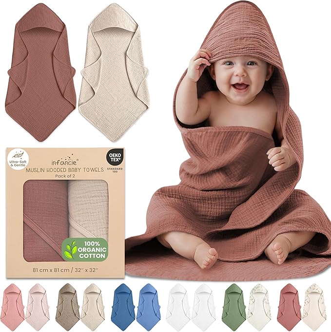 100% Organic Cotton Muslin Baby Hooded Towels 32x32 Inch – 2 Pack Soft & Absorbent Newborn Bath Towels for Boys & Girls, Premium Hooded Towels, Ultra-Gentle Baby Essentials in Rust/Ivory