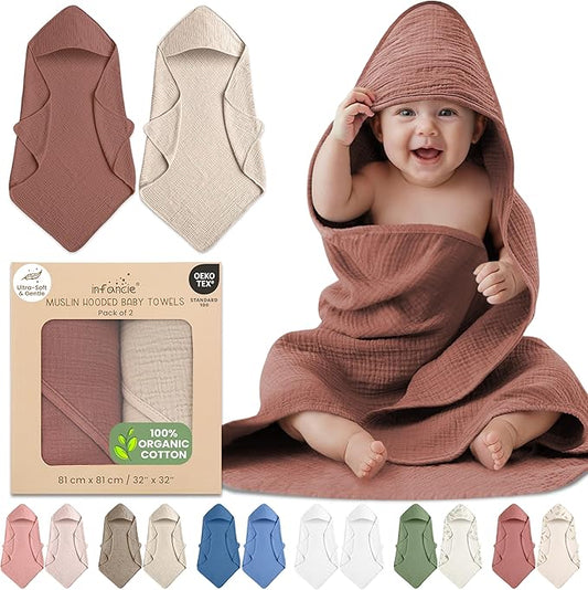 100% Organic Cotton Muslin Baby Hooded Towels 32x32 Inch – 2 Pack Soft & Absorbent Newborn Bath Towels for Boys & Girls, Premium Hooded Towels, Ultra-Gentle Baby Essentials in Rust/Ivory