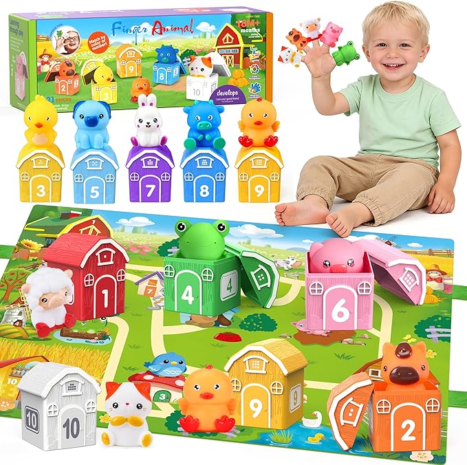 Montessori Toys for Toddlers, 21Pcs Farm Toys with Storage Bags/Playmat Counting, Matching, Sorting Preschool Learning Toy Including 10 Animal Finger Puppets Birthday Gift