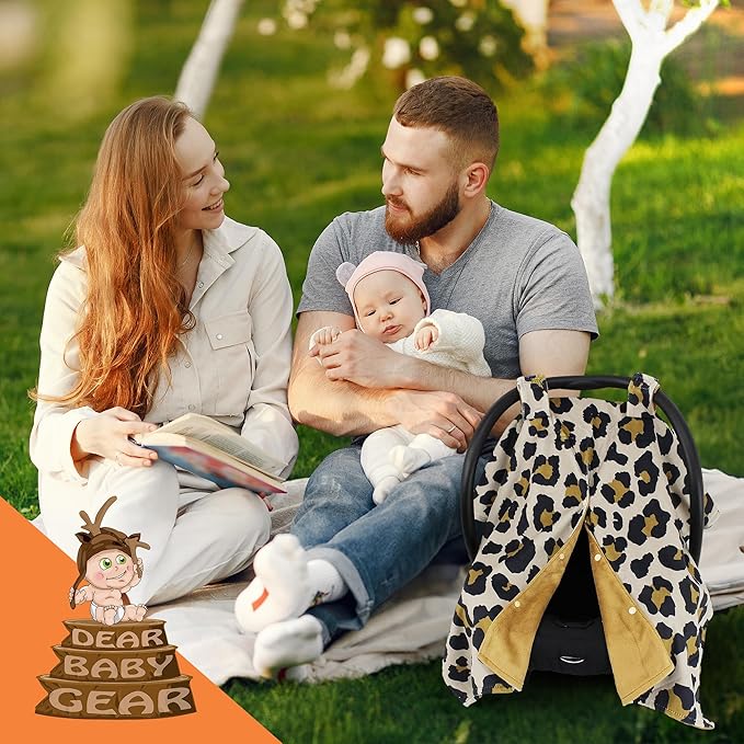 Dear Baby Gear Car Seat Cover for Boys & Girls - Baby Carseat Canopy w/Snap Opening - Infant Seat Cover - Stroller & Nursing Covers - Newborn Carrier Canopy - 40x30" (Gold Leopard Print, Smooth Gold)