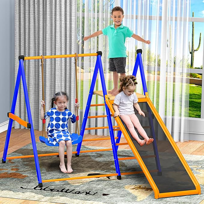 SPIDERCAMP Indoor Playground Toddler Jungle Gym 4-in-1 Indoor Jungle Gym for Kids,Indoor Climber Playset with Swing Indoor Slide,Sturdy Metal Kids Indoor Playset (S)