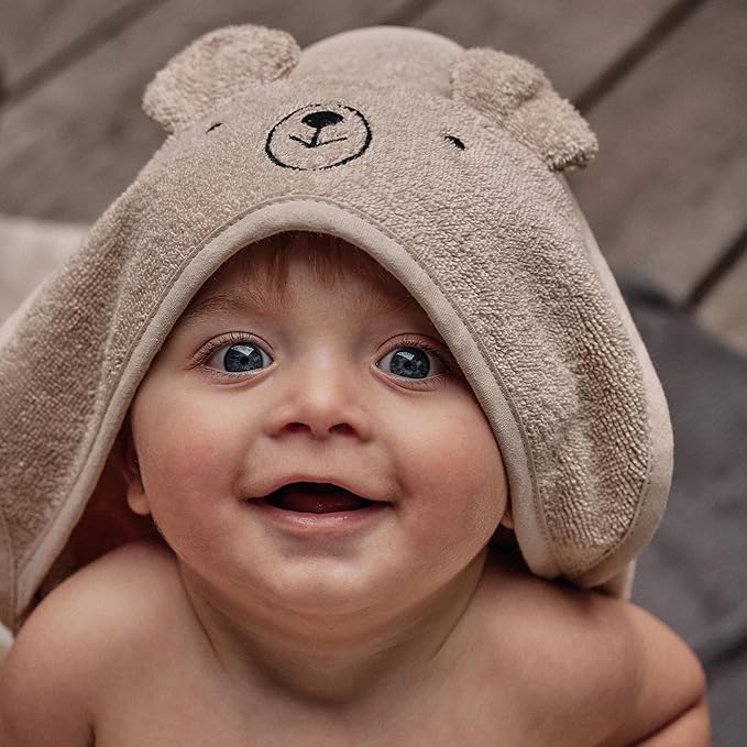Hooded Baby Towels - 100% Organic Cotton Baby Bath Towels, 32" x 32" Super-Soft and Absorbent Baby Towels for Newborn Baby Boys 2-Pack (Bear Fog/Baby Blue)