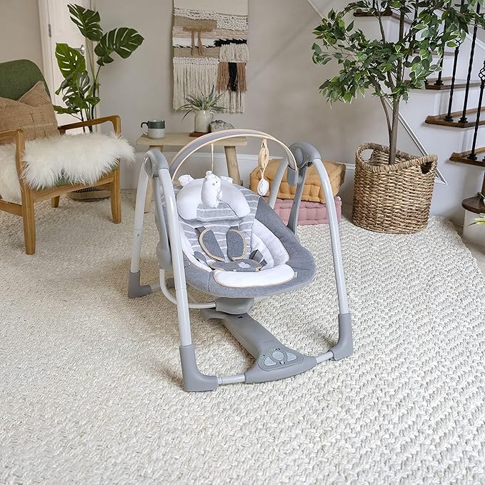 Ingenuity Swing 'n Go Deluxe 5-Speed Baby Swing with Cushioned Harness - Foldable, Portable, 2 Plush Toys & Sounds, 0-9 Months 6-20 lbs (Bella Teddy)