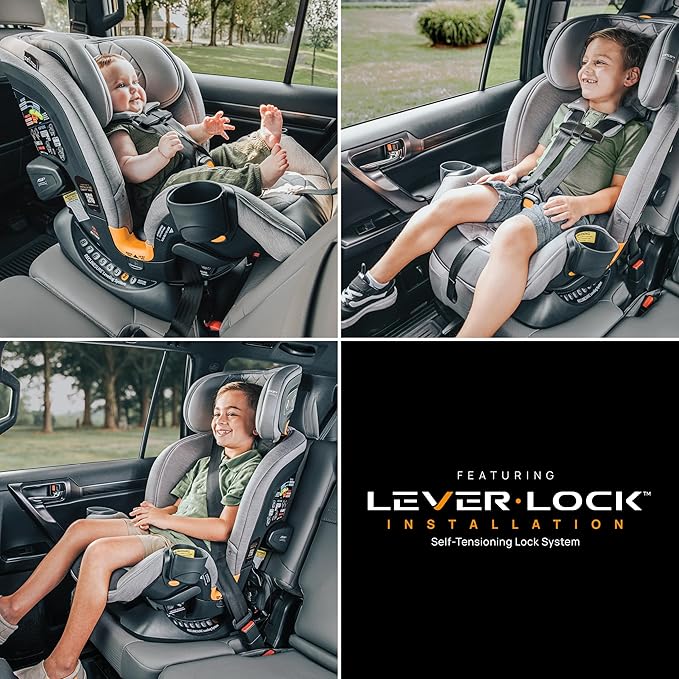 Chicco OneFit Max ClearTex All-in-One Car Seat with LeverLock Installation, Slim Design, Convertible Car Seat, Seat for Infants and Children 5-100 lbs, Energy/Black