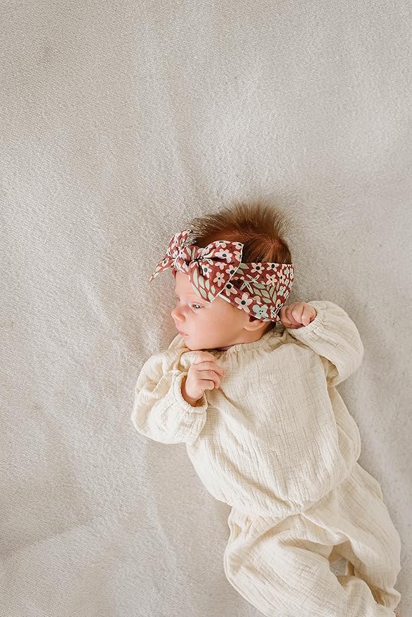 Baby Bling Bows - Newborn to Little Baby Girl Bows, 2PK PRINT SOLID KNOTS Nylon Super Soft Stretchy Toddler Headbands, Perfect Hair Accessories Head Bands for Infant Kids (Spice Floral & Rose Gold)