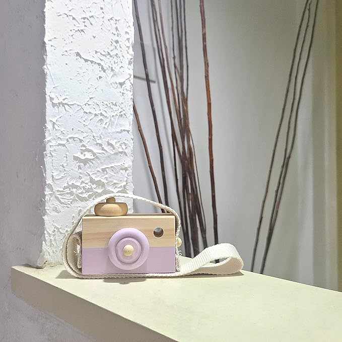 Baby Wooden Mini Camera Toy, Kid Cute Mini Sharpe Toy Neck Hanging Photographed Props for Toddlers Children Kids' Room Hanging Decor Gift (Purple)