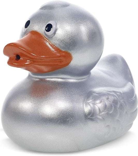 DolliBu Metallic Silver Duck Bath Buddy Squirter - Floating Silver Duck Rubber Bath Toy, Fun Water Squirting Bath Time Play for Toddlers, Animal Toy for Bathtub, Beach, and Pool for Girls and Boys