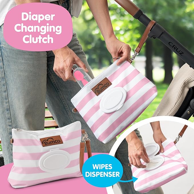 Bumco Baby Essentials Set - Personalized Diaper-Changing Baby Shower Gifts for Girls, Baby Gift Set with 2 Baby Bum Brushes (Original & Mini) + Diaper Clutch Bag + Wipes Wristlet, Newborn Gift Set