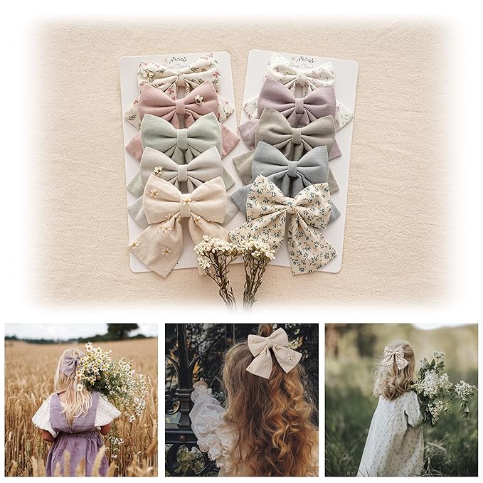 Hair Bows with Hair Clips for Girls Toddler Baby,Handmade 5" Flower Print Embroider Big Bows,FANCY CLOUDS Boutique Hair Accessorioes Gifts for School Kids
