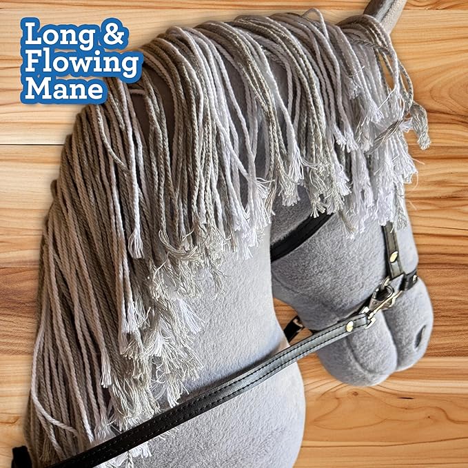 Playful Minds Large Hobby Horse for Kids and Adults – Show Quality with Rhinestone Studded Bridle, Removable Reins, and Long Mane – Plush Handmade Tournament Stick Horse, Grey