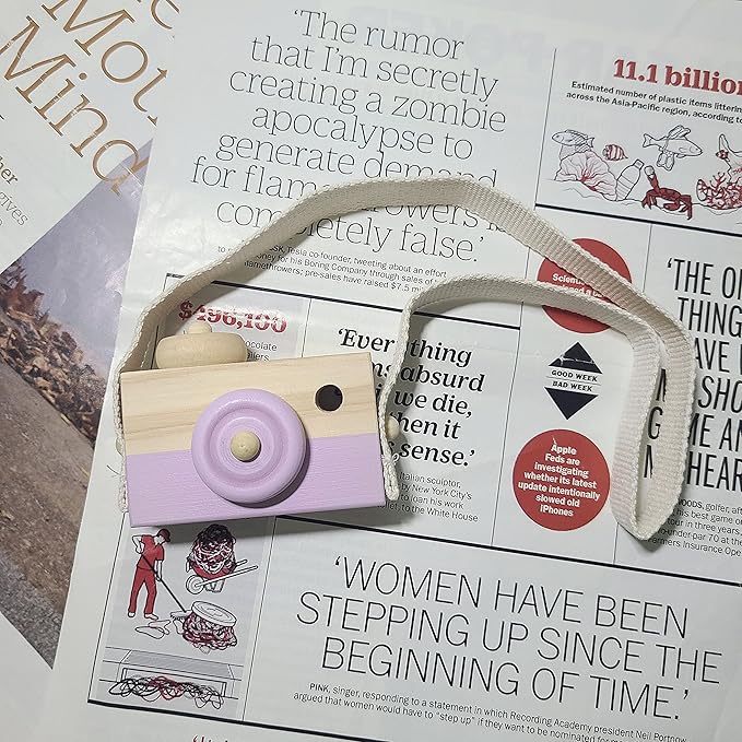 Baby Wooden Mini Camera Toy, Kid Cute Mini Sharpe Toy Neck Hanging Photographed Props for Toddlers Children Kids' Room Hanging Decor Gift (Purple)