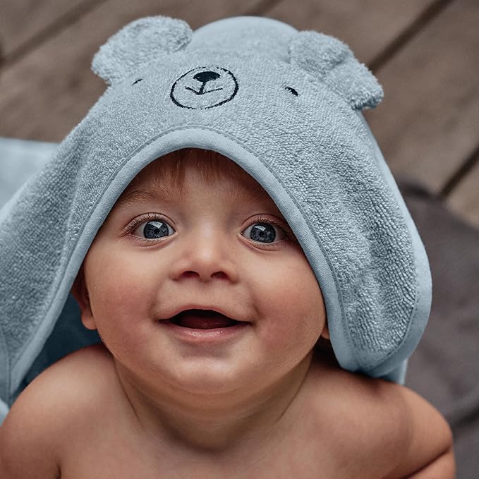 Hooded Baby Towels - 100% Organic Cotton Baby Bath Towels for Baby Boy, 32" x 32" Super-Soft and Absorbent Baby Towels for Newborn (Bear - Baby Blue)