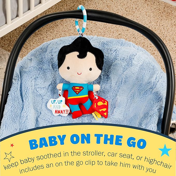 Kids Preferred DC Comics Superman Multi Sensory Activity Toy with Teethers, Crinkle Textures, and Clip for On The Go Fun for Infant and Baby Boys and Girls, Medium
